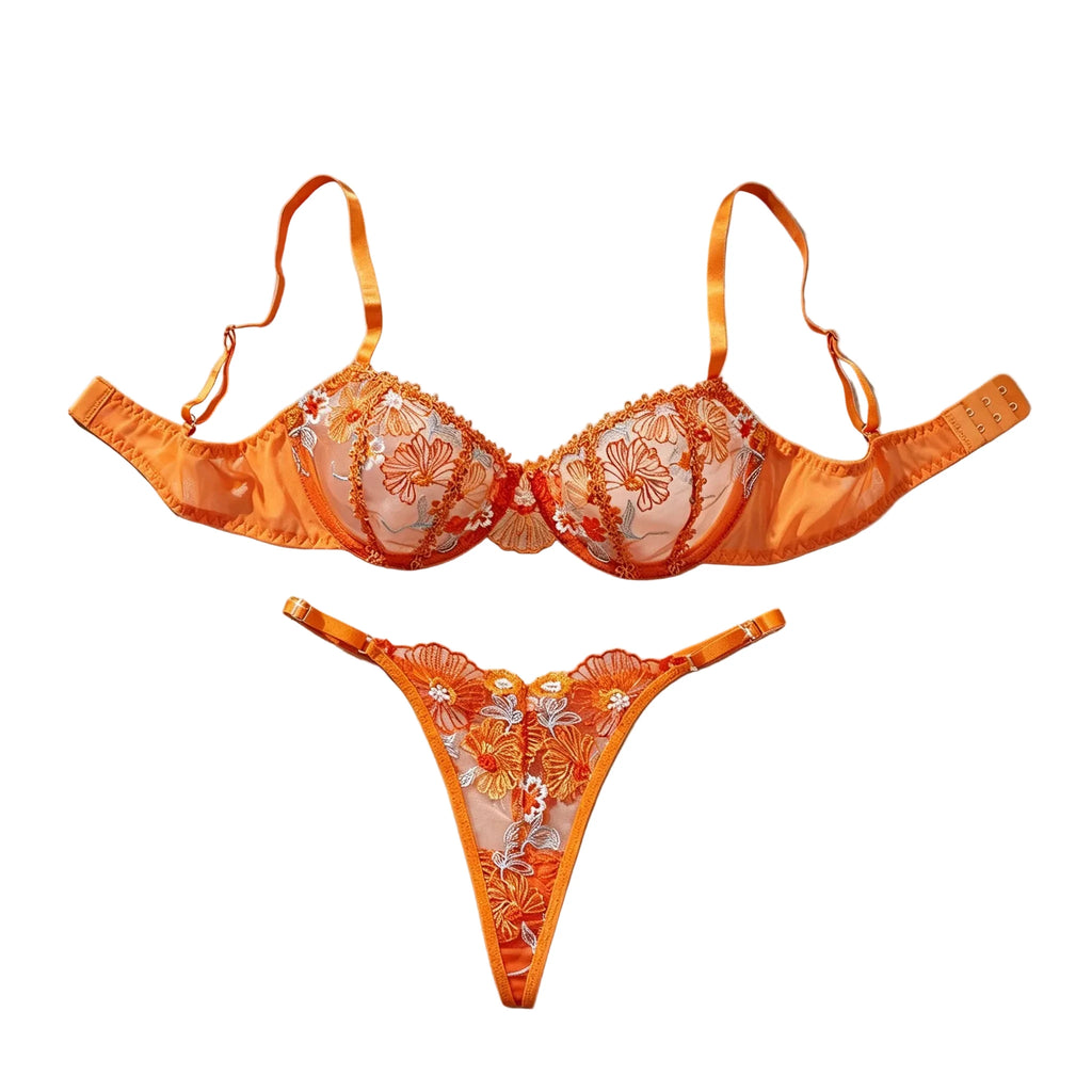 Vibrant Tangerine Sheer Mesh and Heavy Floral Embroidered Lingerie Set