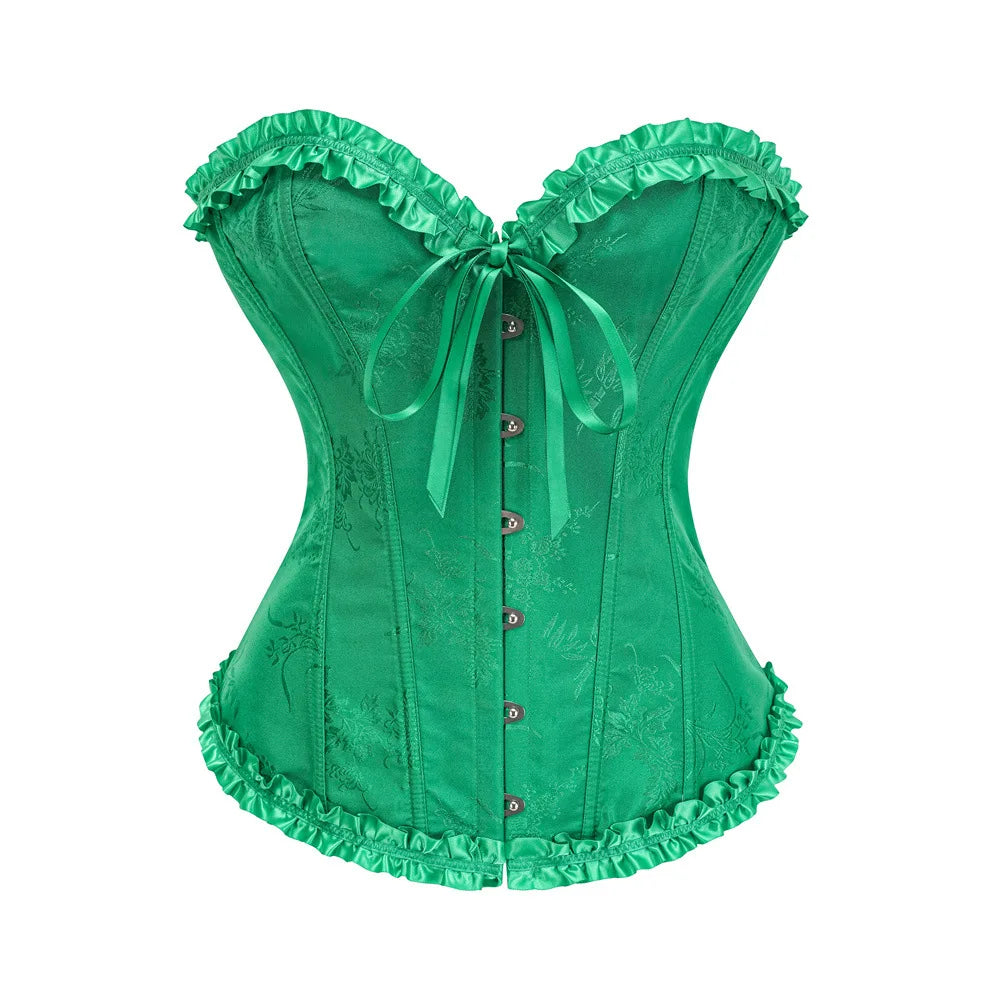 Jacquard Overbust Corset with Ruffled Trim, Structured Boning and Lace-Up Back