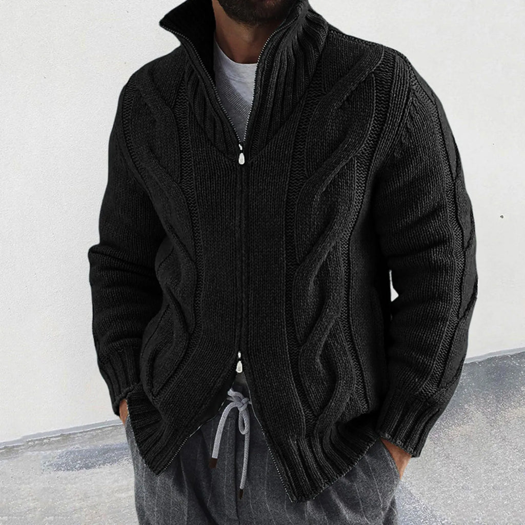 Men's Textured Zip Front Knit Cardigan with Relaxed Casual Hooded Design
