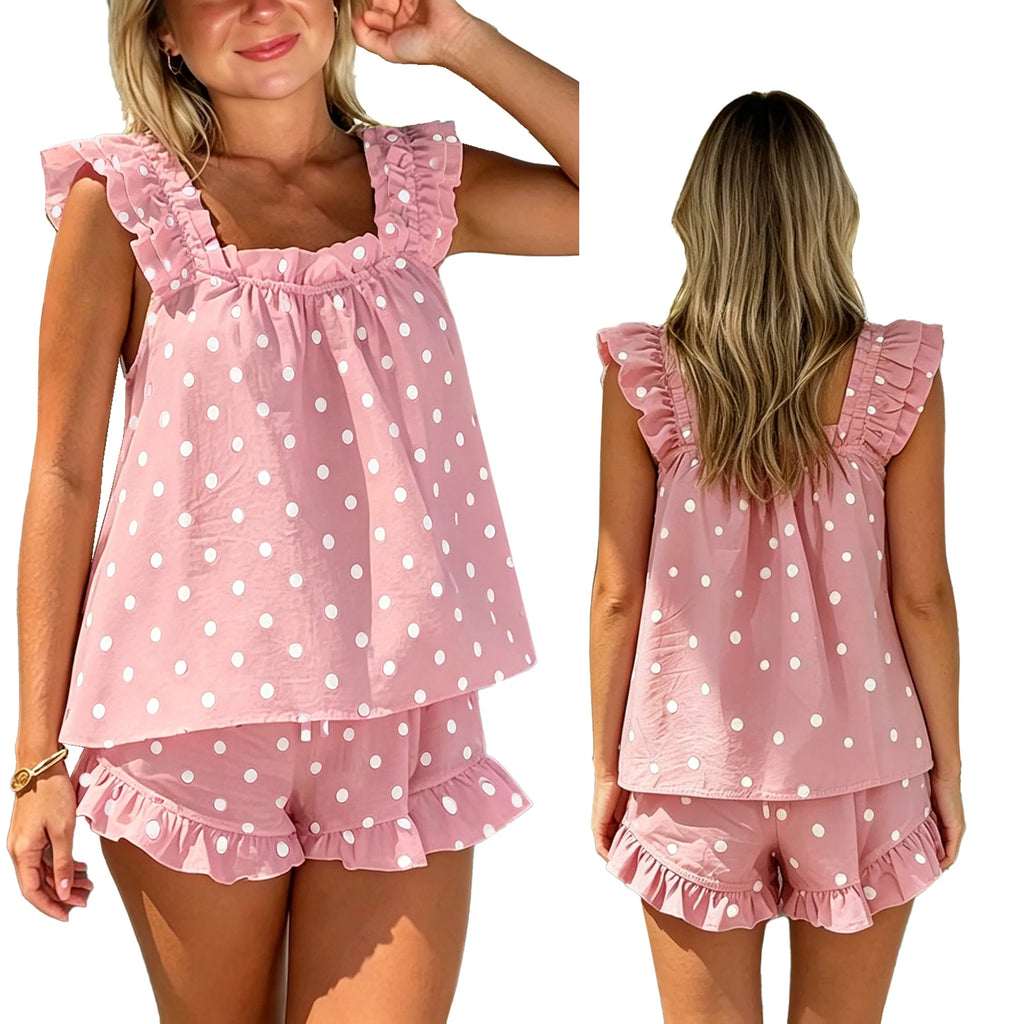Women's Polka Dot Ruffle Trim Sleeveless Pajama Shorts Set Relaxed Lounge Sleepwear