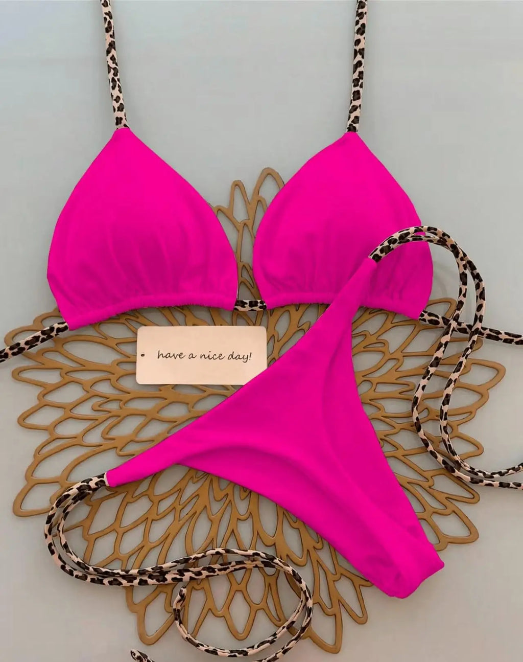 Contrast Leopard Strap Two-Piece Bikini with High-Cut Silhouette