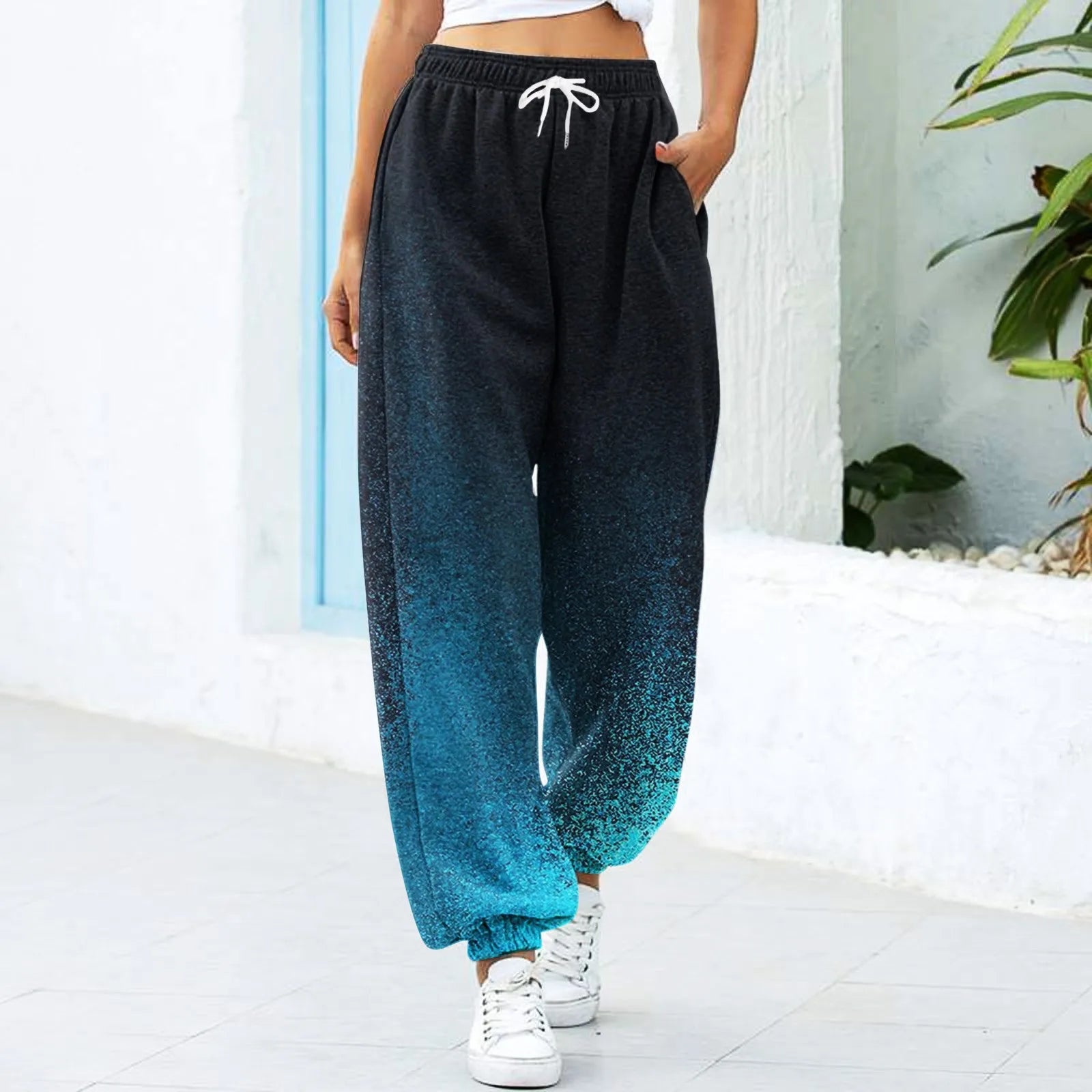 Women's High Waist Gradient Wide Leg Jogger Pants with Relaxed Casual Streetwear Style