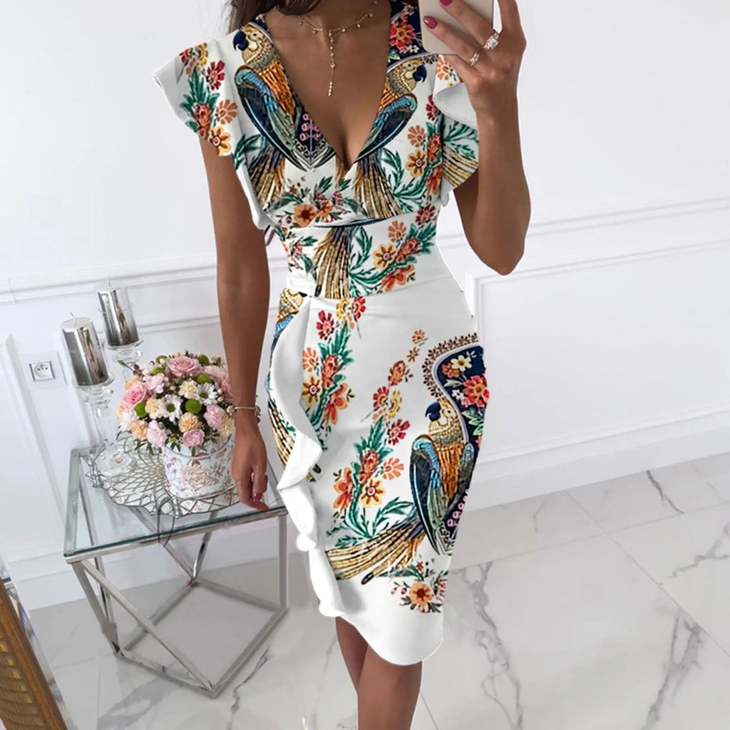 Form-Fitting Black Floral Midi Dress with Flutter Sleeves and Ruched Side Detailing
