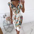 Form-Fitting Black Floral Midi Dress with Flutter Sleeves and Ruched Side Detailing
