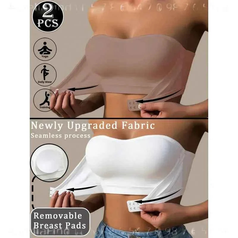 2-Piece Strapless Bandeau Bra Set with Front Hook Closure, Removable Pads and Ruffled Edge Detail