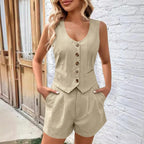 Women's Sleeveless Button Front Vest and Tailored Shorts Summer Matching Set