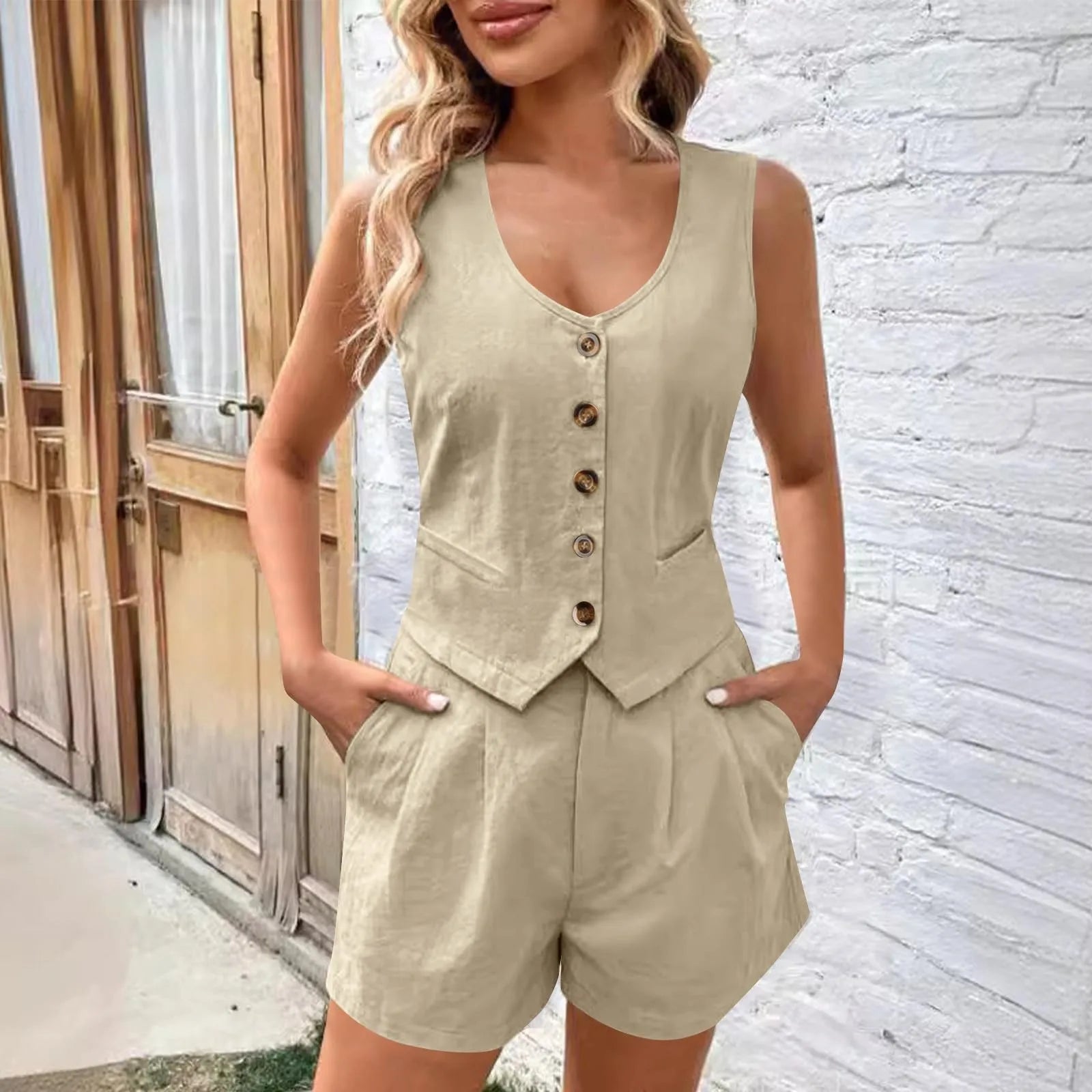 Women's Sleeveless Button Front Vest and Tailored Shorts Summer Matching Set