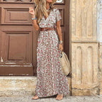Floral Print A-Line Maxi Dress with Belt and Short Sleeves