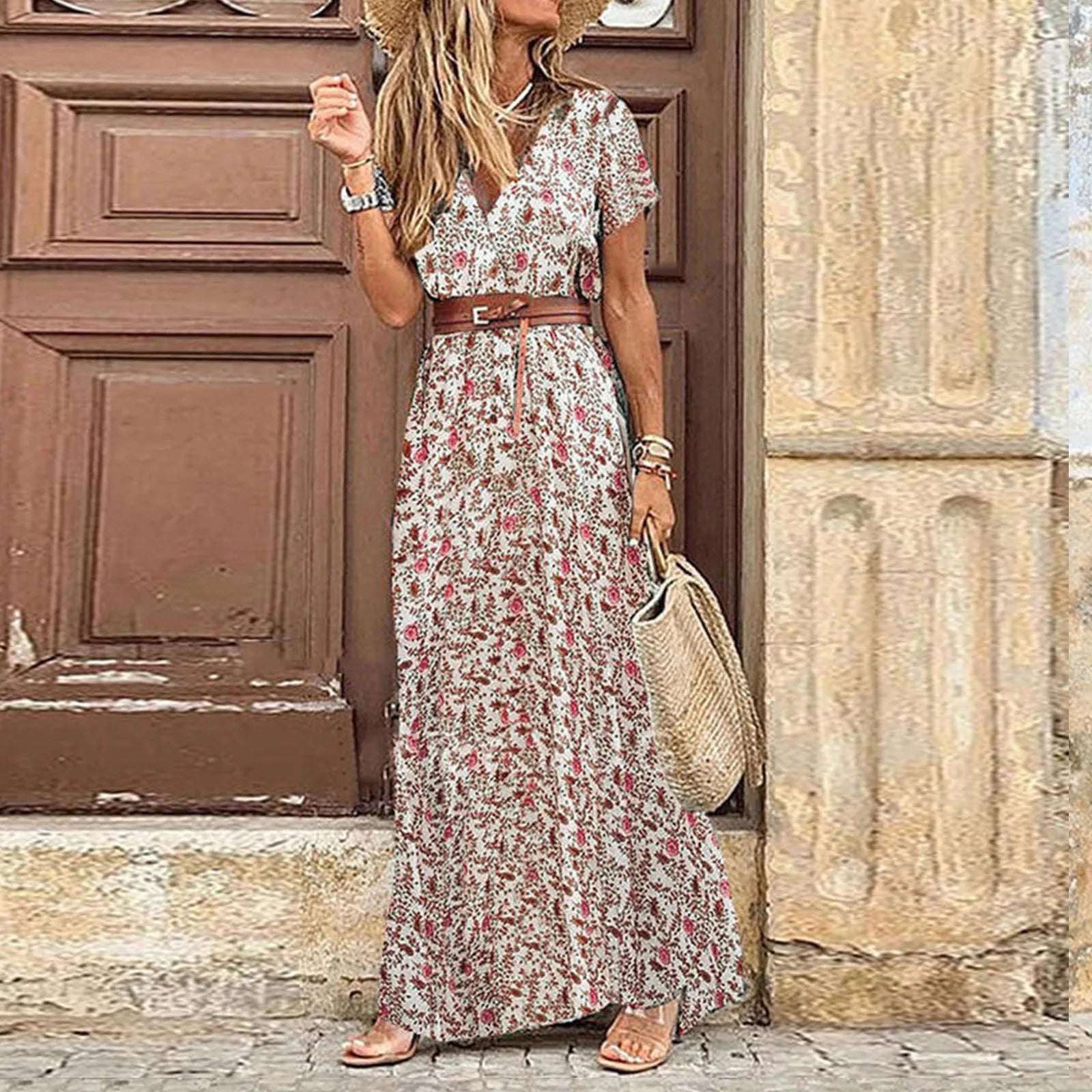 Floral Print A-Line Maxi Dress with Belt and Short Sleeves