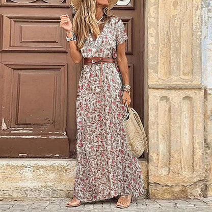 Floral Print A-Line Maxi Dress with Belt and Short Sleeves