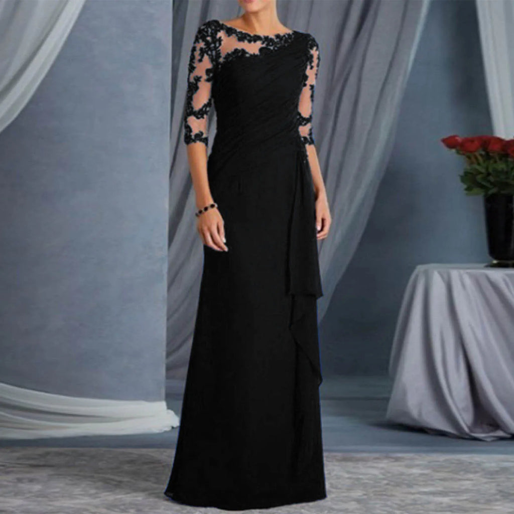 Lace Detail Maxi Dress with Sheer Sleeves and Elegant Column Silhouette
