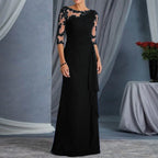 Lace Detail Maxi Dress with Sheer Sleeves and Elegant Column Silhouette