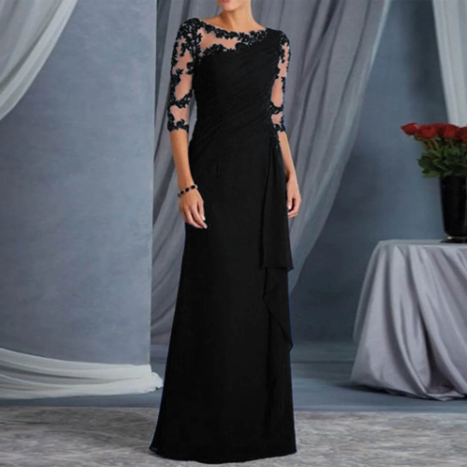 Lace Detail Maxi Dress with Sheer Sleeves and Elegant Column Silhouette