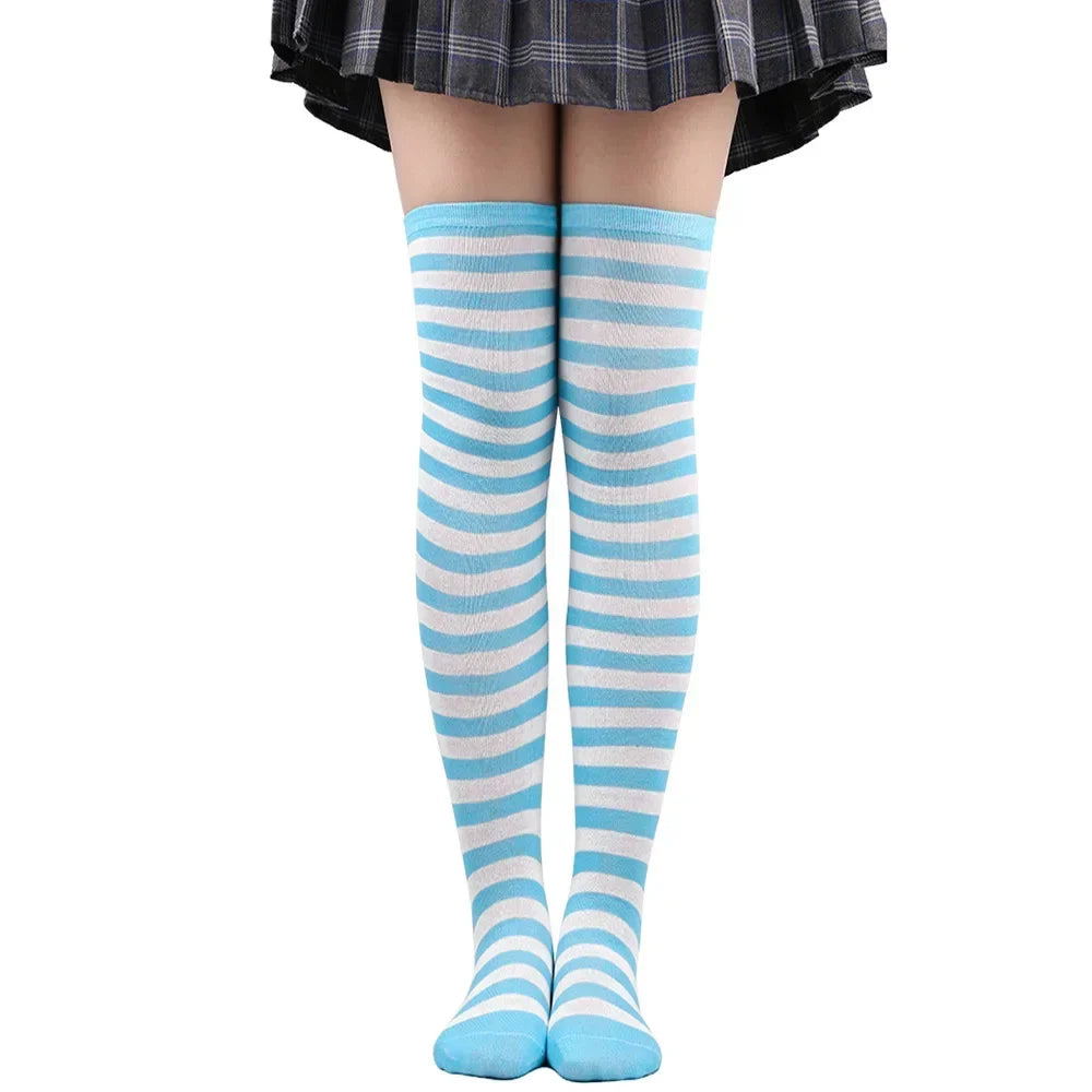 Striped Thigh High Socks with Stretch Knit Construction for Casual Y2K Streetwear Fashion