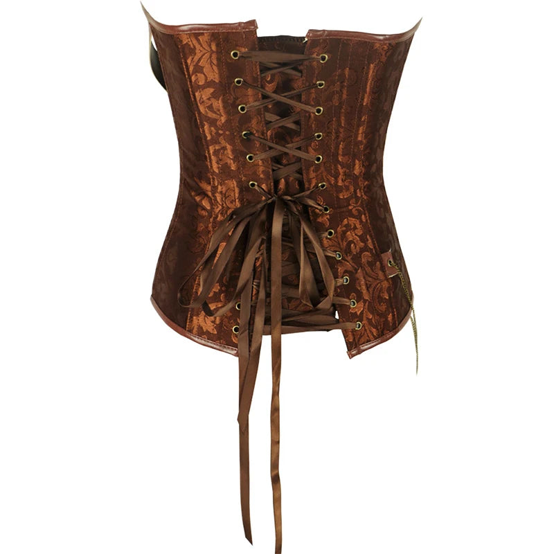 Steampunk Brown Jacquard Overbust Corset with Faux Leather Belt Detailing