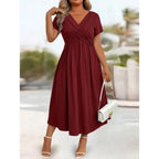 Flowing V Neck Midi Dress With Soft Draped Silhouette