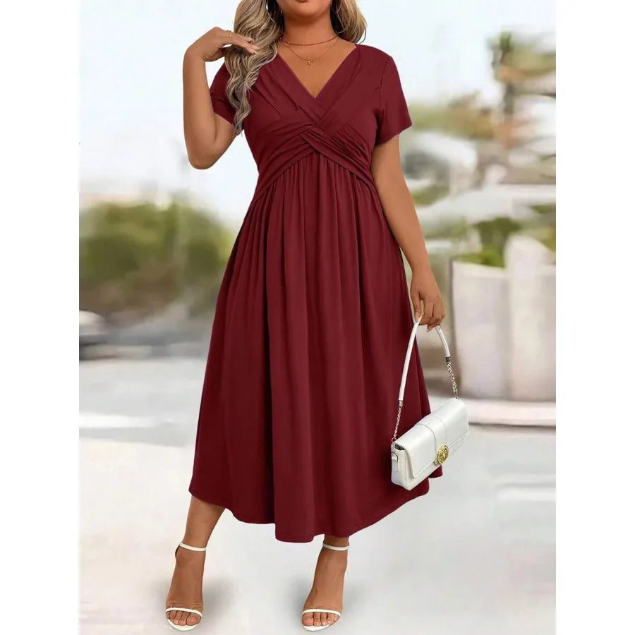 Flowing V Neck Midi Dress With Soft Draped Silhouette