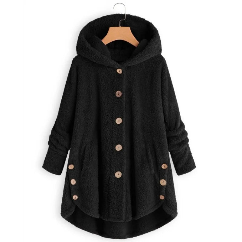 Women's Plush Hooded Teddy Fleece Coat with Button Front for Cozy Winter Layering