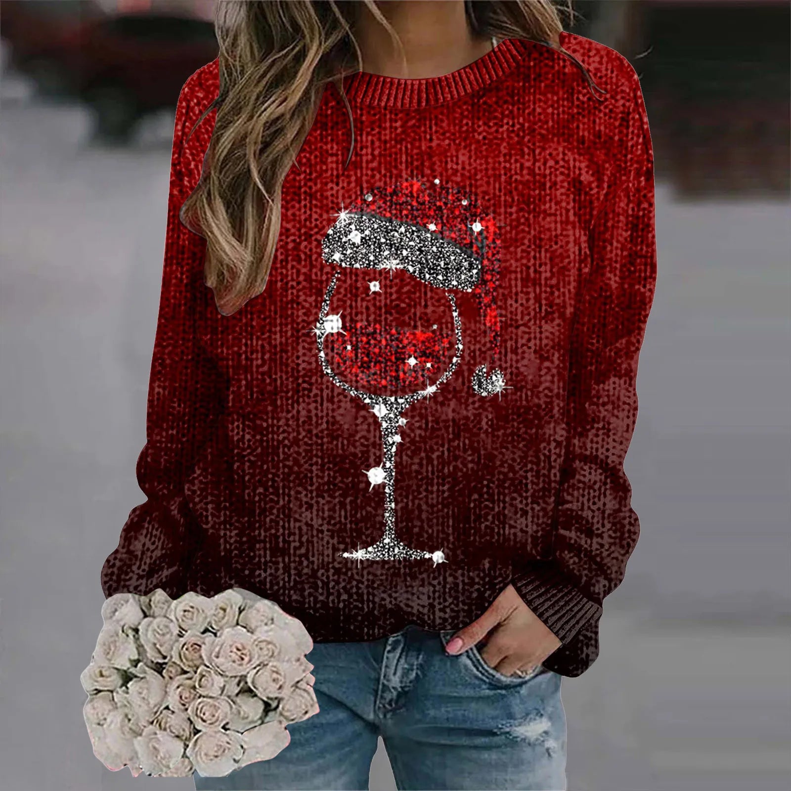 Women's Festive Graphic Crew Neck Thick Knit Pullover Sweater With Relaxed Fit