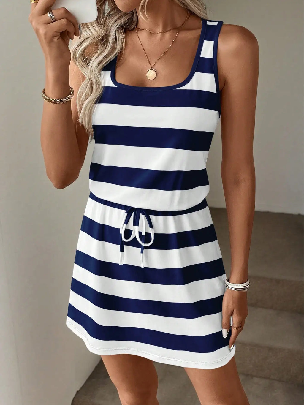 Striped Sleeveless Drawstring Waist Mini Dress with Relaxed Everyday Style