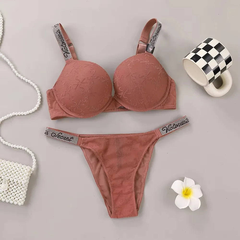 Embossed Lace Texture Push-Up Bra and Matching Crystal Strap Thong Set