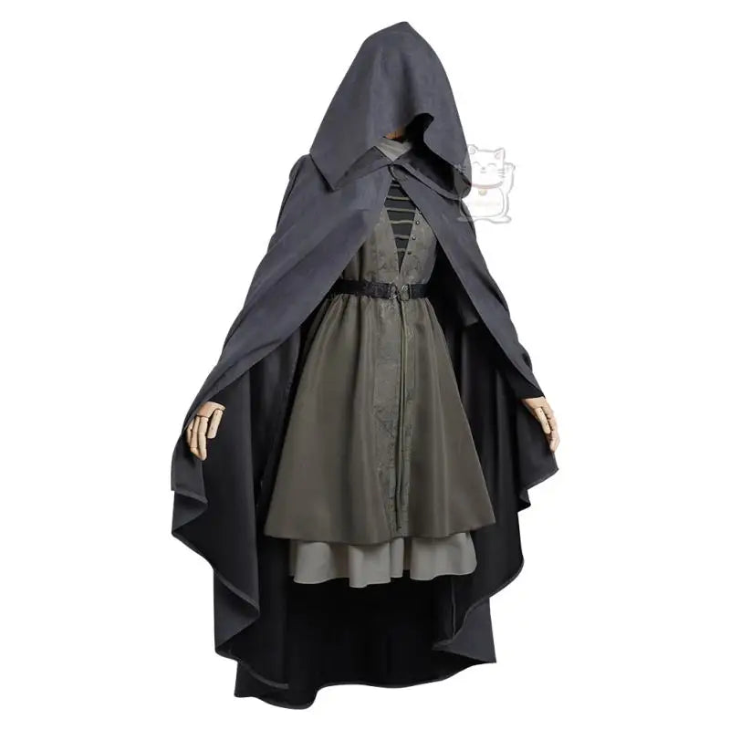 Women's Fantasy-Inspired Hooded Cape Dress Set with Layered Robe and Coordinated Wig