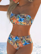 Tropical Floral and Leopard Print Bandeau Bikini Set with Mid-Waist Bottoms