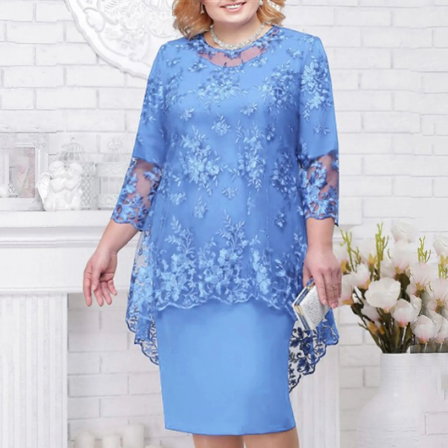 Elegant Floral Lace Overlay Alternative Occasion Midi Dress