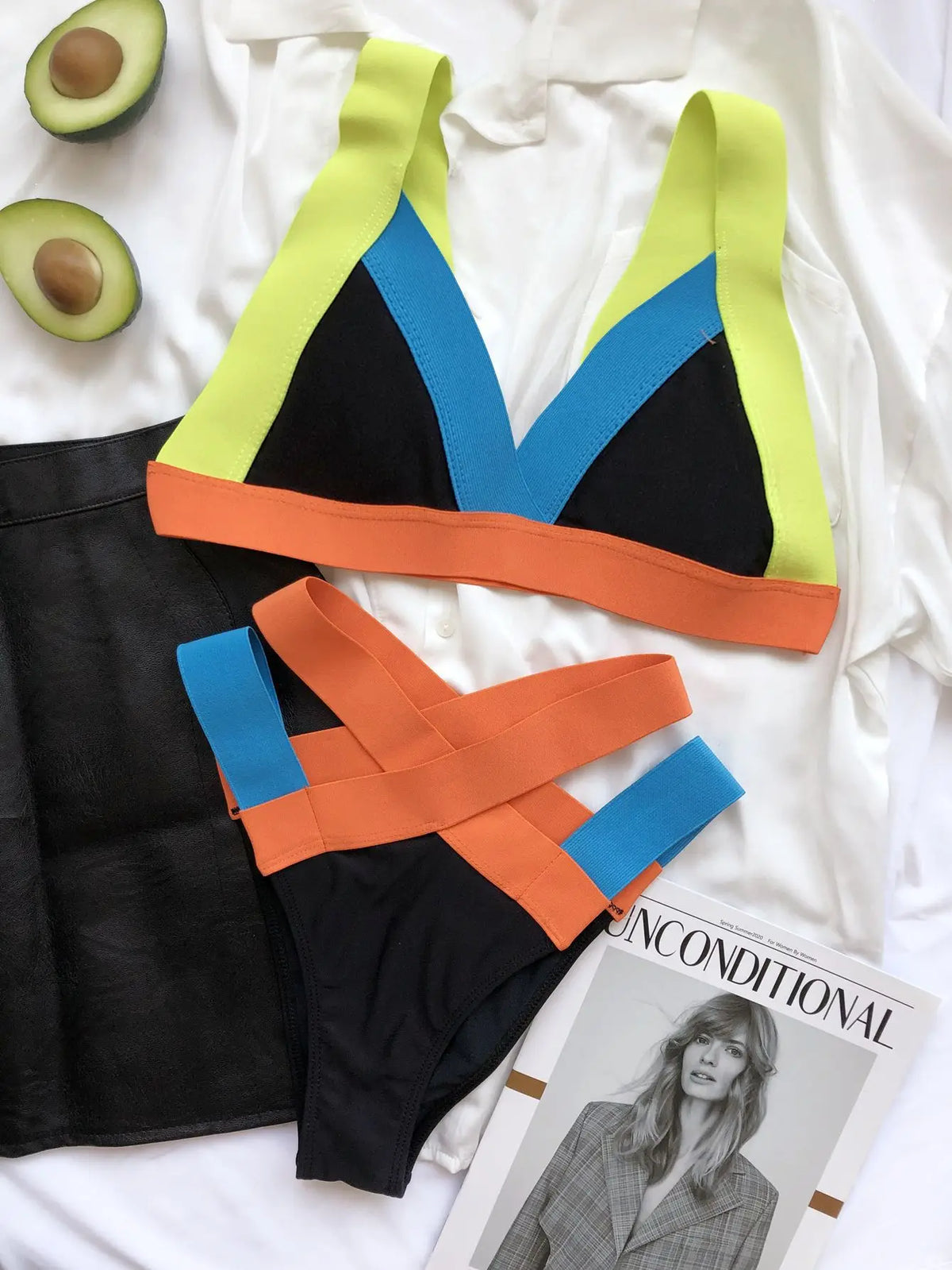 Vibrant Color-Block Bikini Set with Criss-Cross Strappy High-Waist Bottoms
