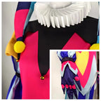 Vibrant Color-Blocked Jester Ensemble with Ruffled Collar and Patterned Trousers