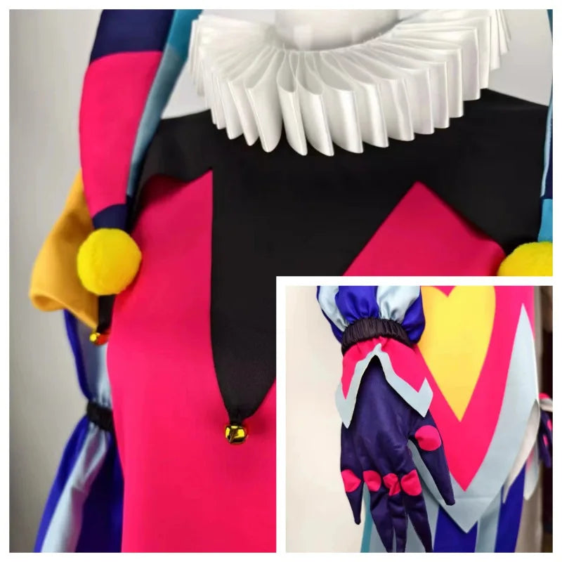 Vibrant Color-Blocked Jester Ensemble with Ruffled Collar and Patterned Trousers