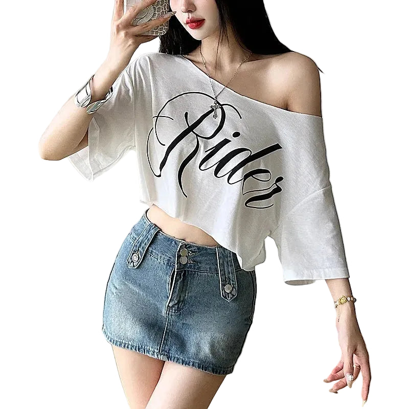 Women's Asymmetric Off Shoulder Graphic Crop T-Shirt for Contemporary Streetwear Casual Fashion Style