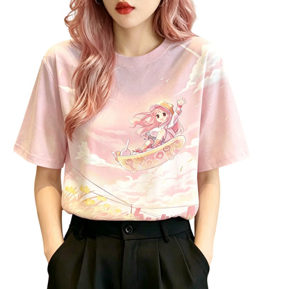 Sunset Adventure Anime Graphic Soft Cotton Kawaii Casual T-Shirt
