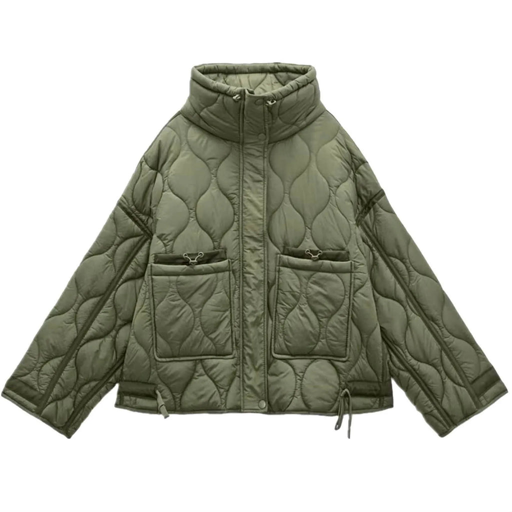Women's Oversized Quilted Zip Jacket with Stand Collar Contemporary Casual Outerwear Style