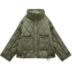 Women's Oversized Quilted Zip Jacket with Stand Collar Contemporary Casual Outerwear Style