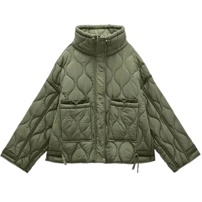 Women's Oversized Quilted Zip Jacket with Stand Collar Contemporary Casual Outerwear Style