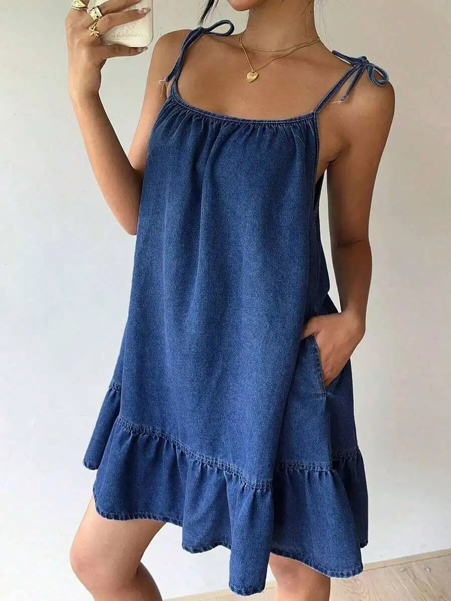 Denim Inspired Spaghetti Strap Mini Dress With Ruffle Hem Relaxed Silhouette