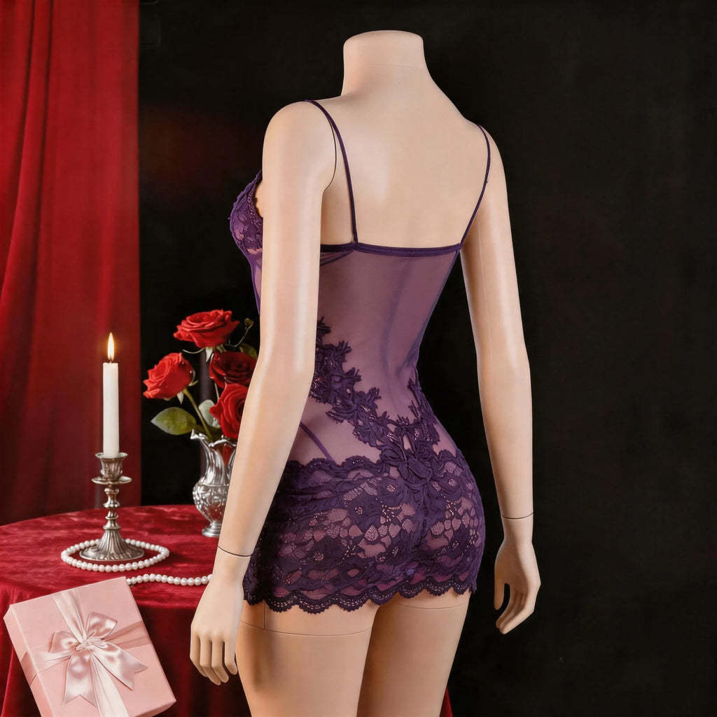 Deep Plum Sheer Mesh Chemise with Intricate Floral Lace Appliqué