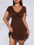 Heathered Taupe Short-Sleeve Fit and Flare Mini Dress