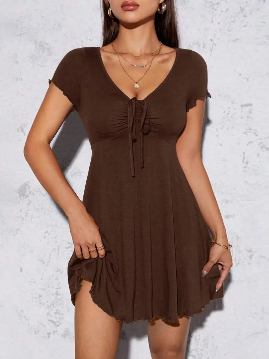 Heathered Taupe Short-Sleeve Fit and Flare Mini Dress