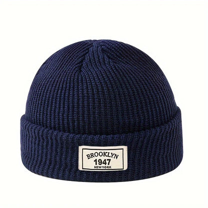 Ribbed Polyester Cuffed Knit Beanie with Woven Patch for Everyday Winter Streetwear Style