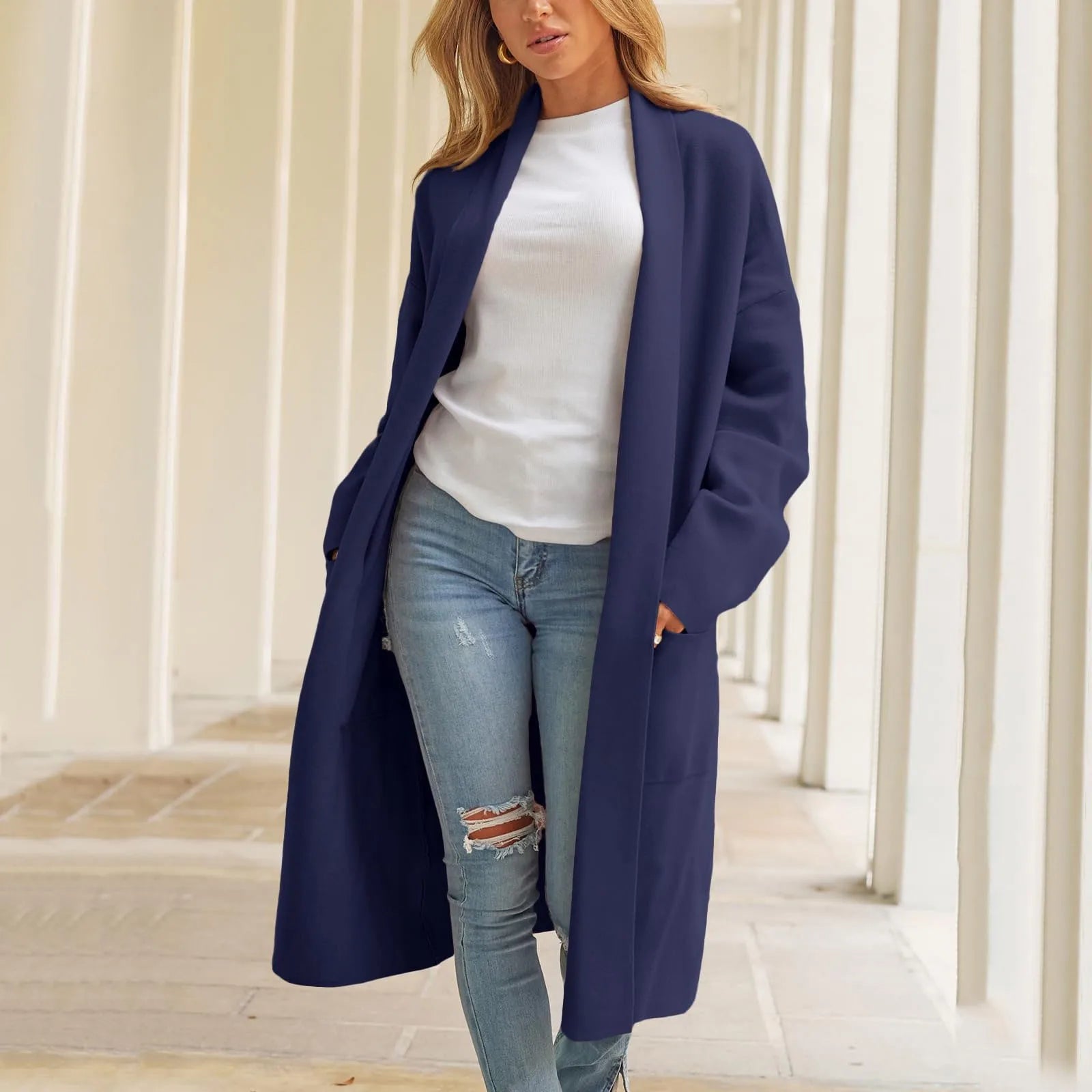 Women's Longline Button Front Knit Cardigan with Lapel Collar and Pocket Detail