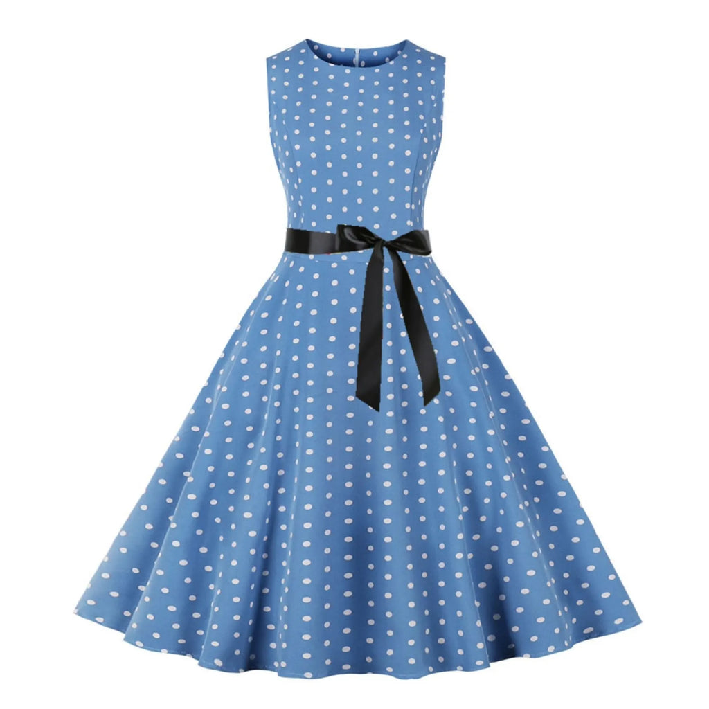 Retro Red and White Polka Dot Swing Dress with Black Waist Tie