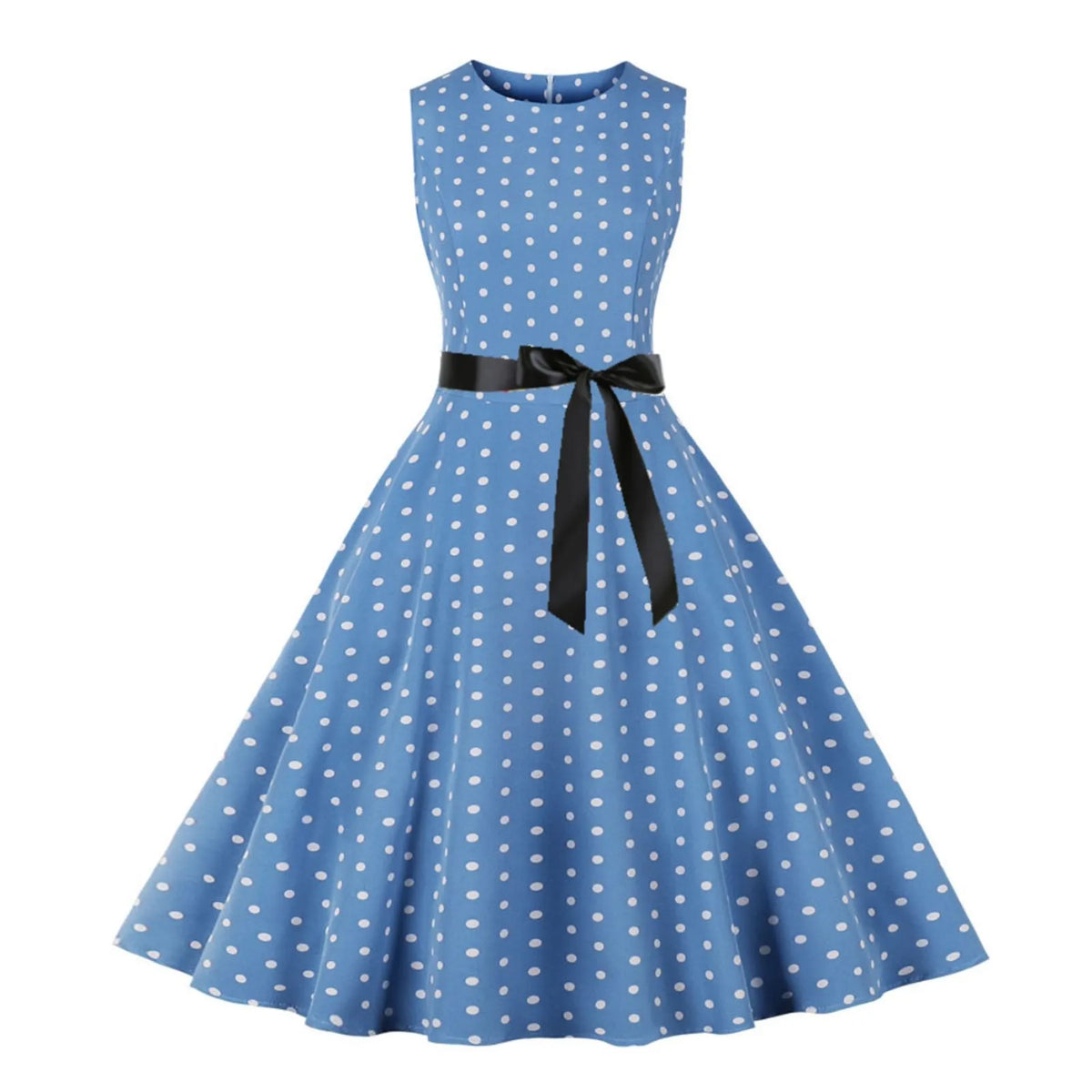 Retro Red and White Polka Dot Swing Dress with Black Waist Tie