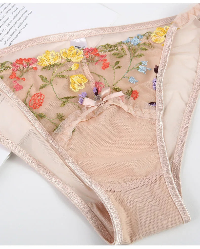 Colorful Floral Embroidery Longline Corset Bra and Panty Set