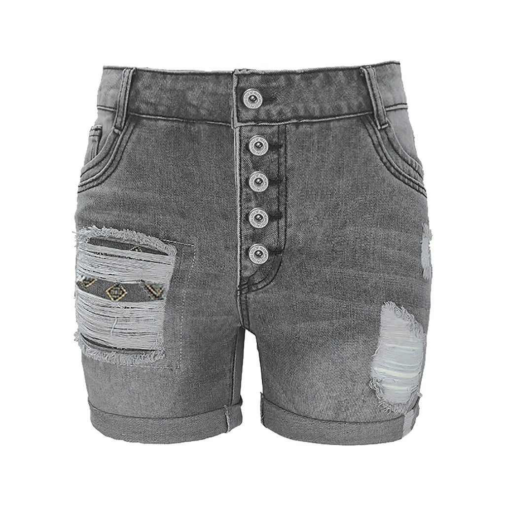 Women's Distressed Denim Style Rolled Hem Shorts with Relaxed Casual Streetwear Silhouette