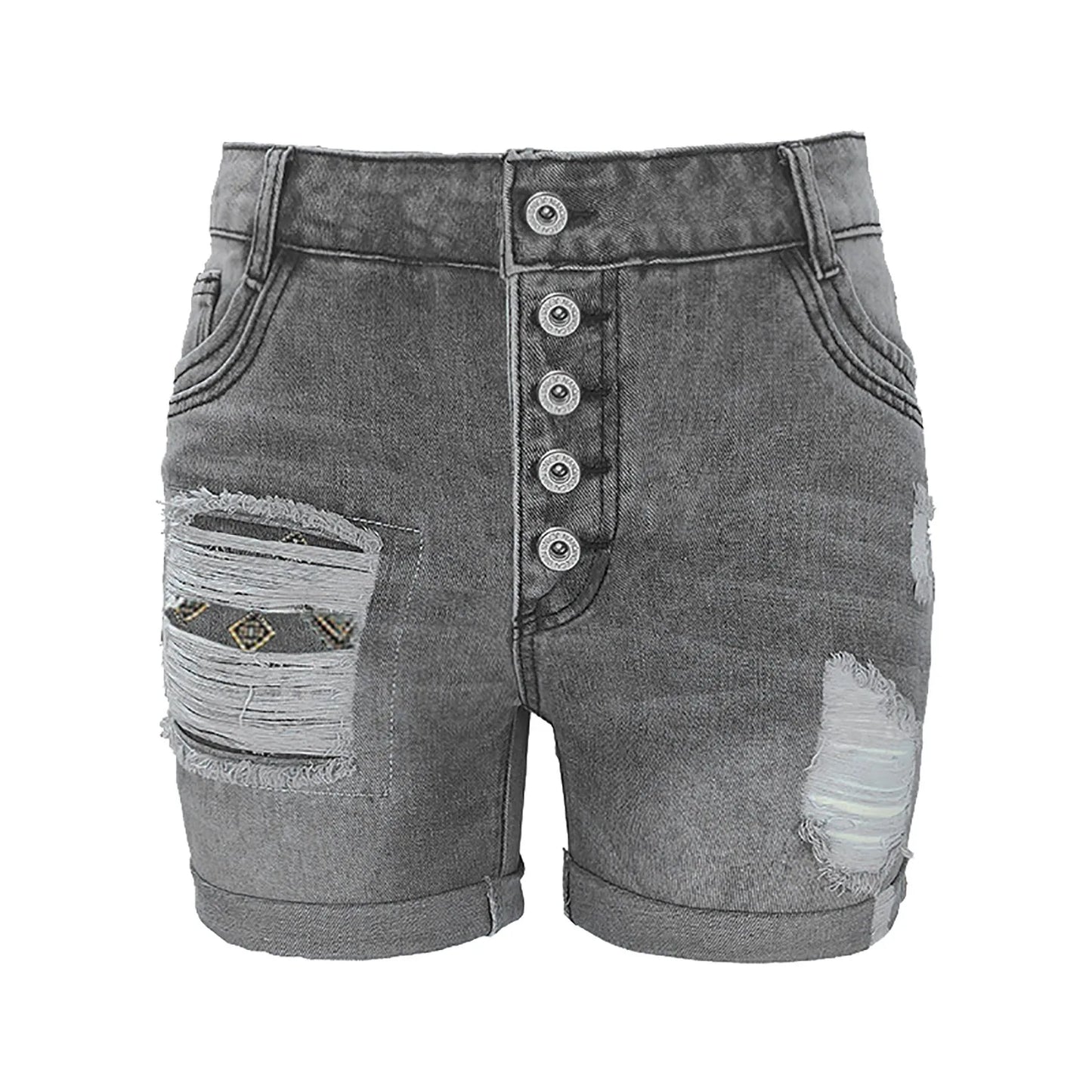 Women's Distressed Denim Style Rolled Hem Shorts with Relaxed Casual Streetwear Silhouette