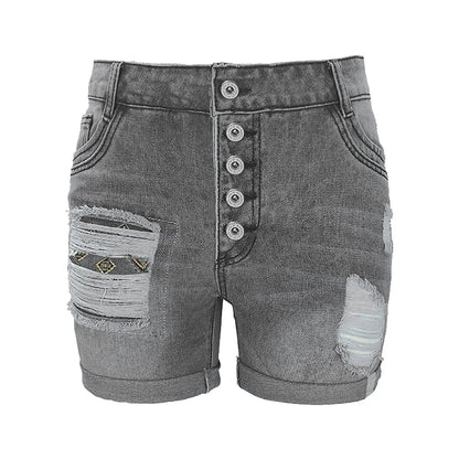 Women's Distressed Denim Style Rolled Hem Shorts with Relaxed Casual Streetwear Silhouette