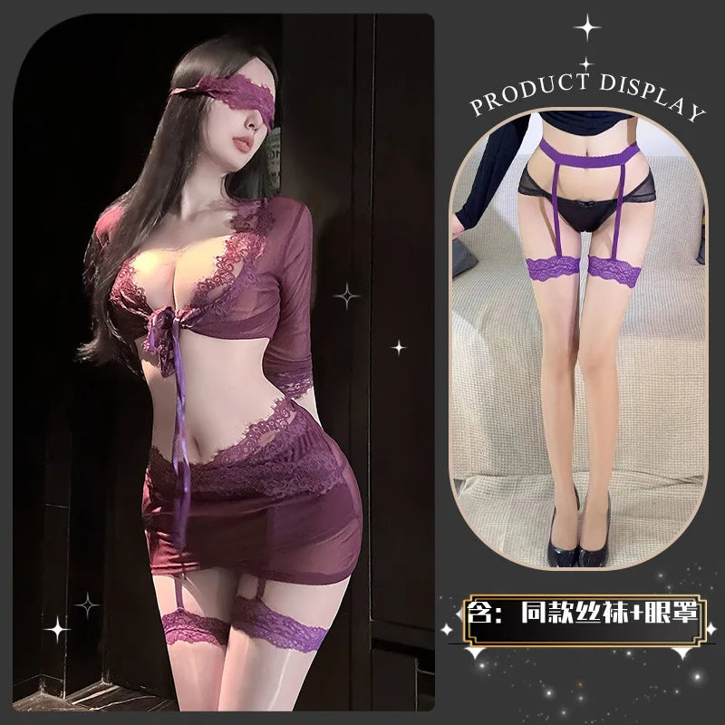 Sheer Plum Mesh and Lace Two-Piece Lingerie Set with Tie-Front Top and Attached Garters