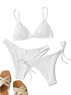 Solid White Three-Piece Triangle Bikini Set with Side-Tie Details